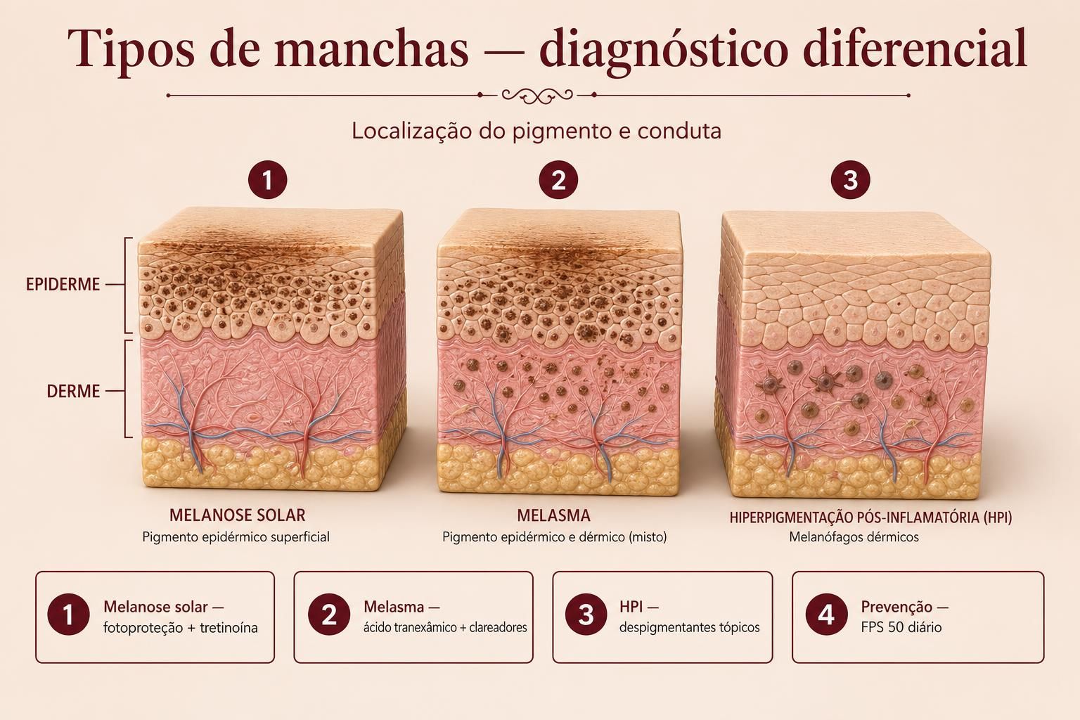 Prancha ilustrada com tipos de manchas na pele