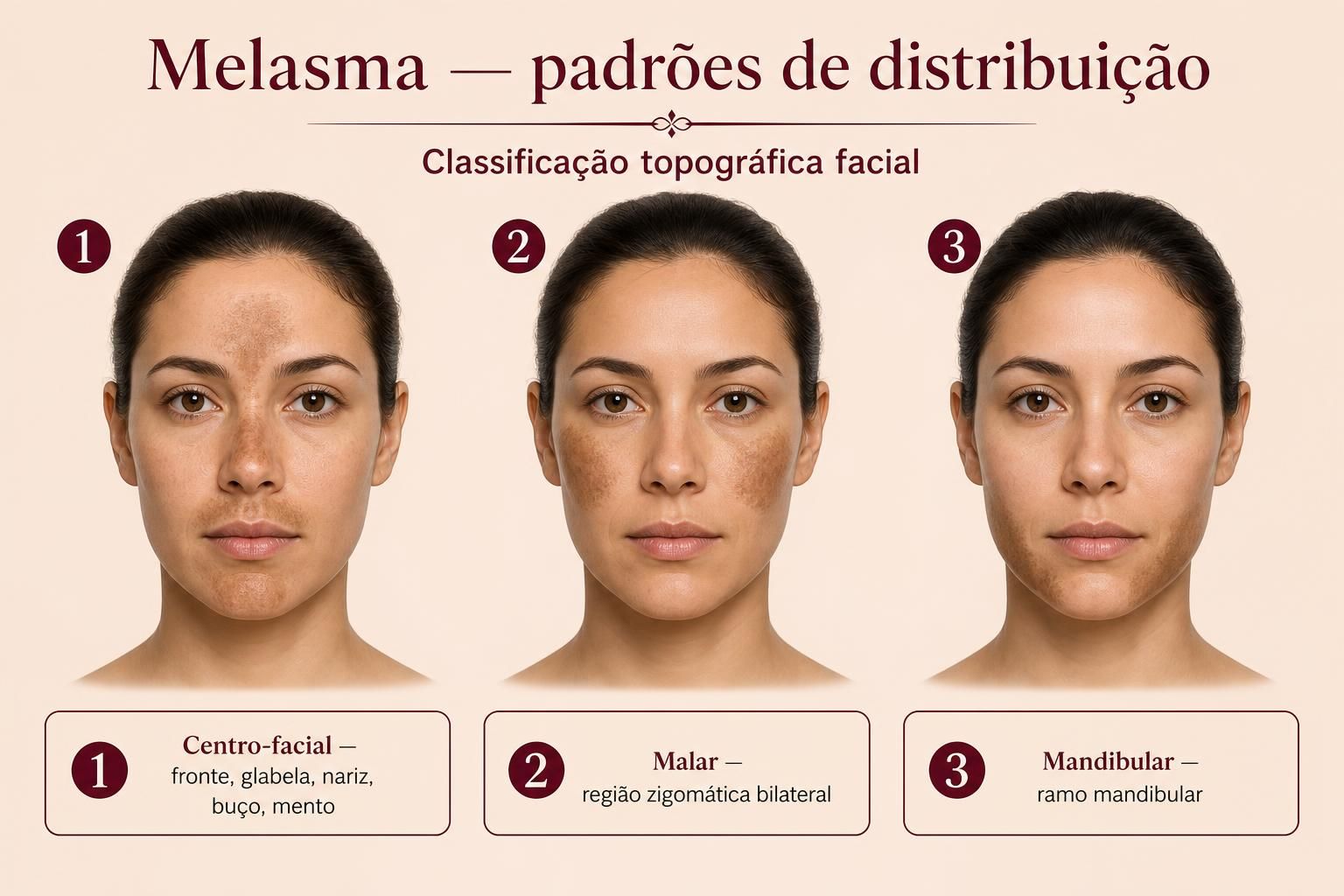 Prancha ilustrada dos padrões de melasma na face
